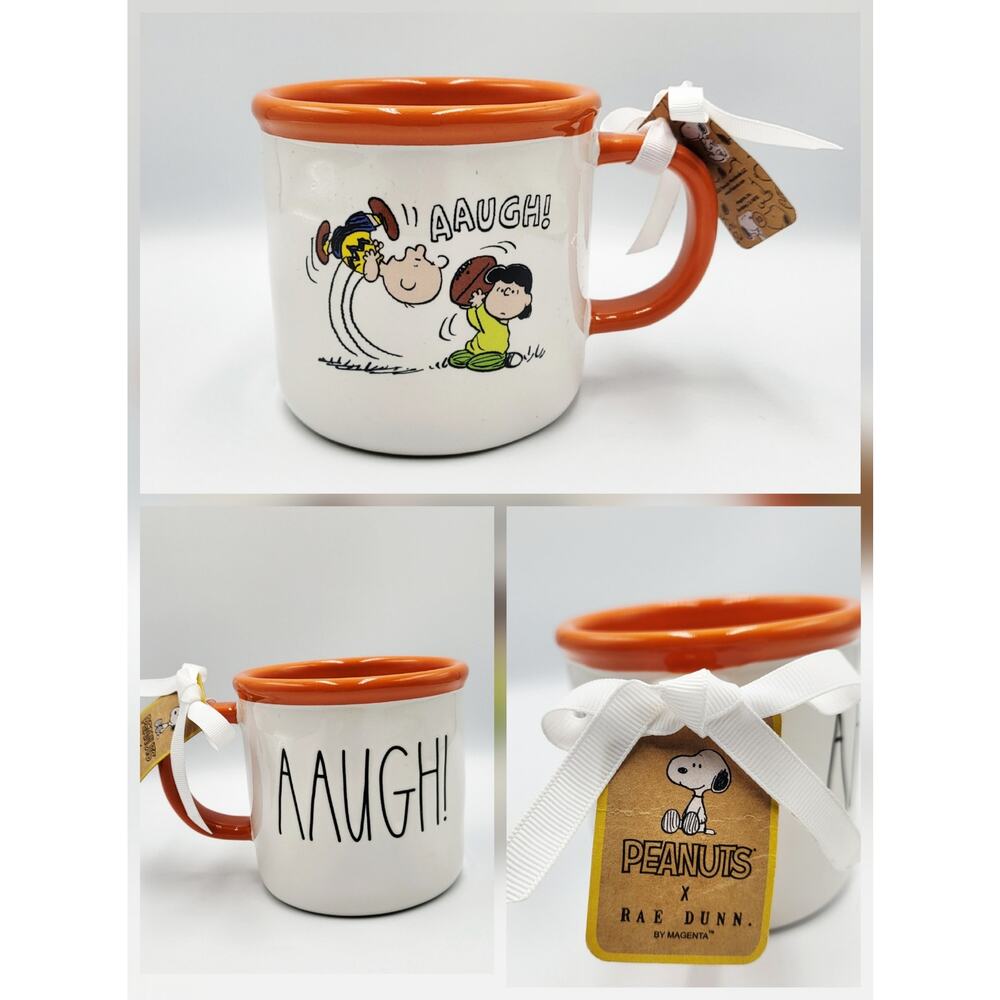NWT Peanuts x Rae Dunn by Magenta "AAUGH" Football 20oz Mug Charlie Brown & Lucy